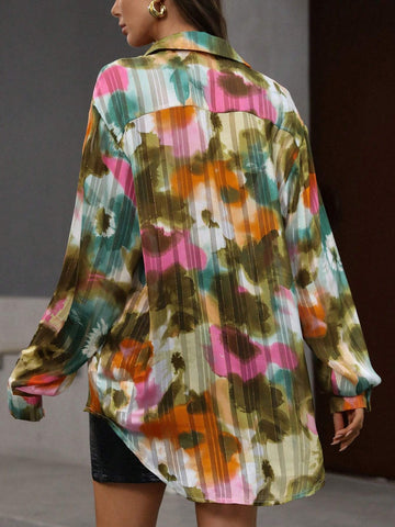 Privé Random Elegant Retro Floral Print Textured Loose Long Sleeve Shirt