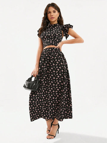 Random Floral Print Double Layer Ruffle Trim Top And Skirt Set