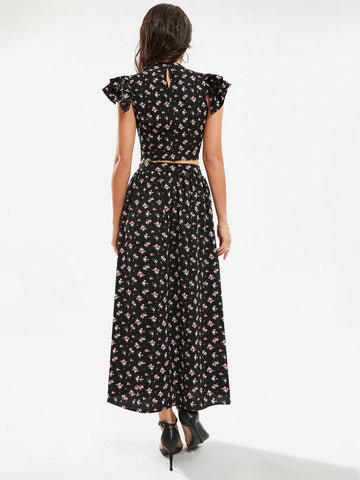 Random Floral Print Double Layer Ruffle Trim Top And Skirt Set