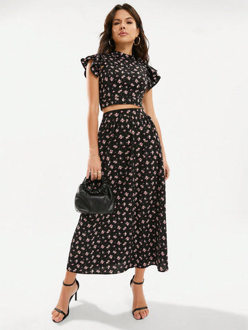 Random Floral Print Double Layer Ruffle Trim Top And Skirt Set