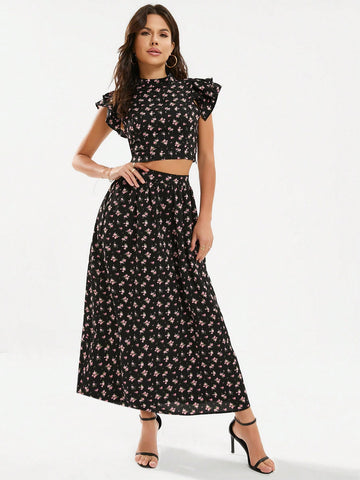 Random Floral Print Double Layer Ruffle Trim Top And Skirt Set