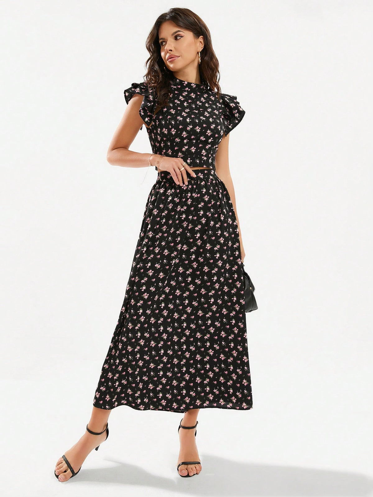 Random Floral Print Double Layer Ruffle Trim Top And Skirt Set