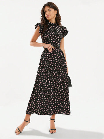 Random Floral Print Double Layer Ruffle Trim Top And Skirt Set