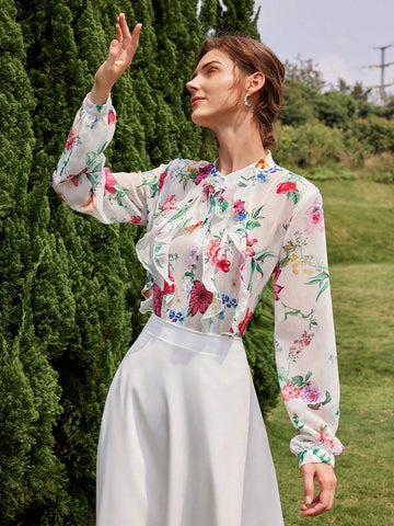 Privé Random Floral Printed Ruffle Hem Long Sleeve Casual Shirt
