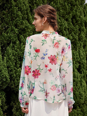 Privé Random Floral Printed Ruffle Hem Long Sleeve Casual Shirt