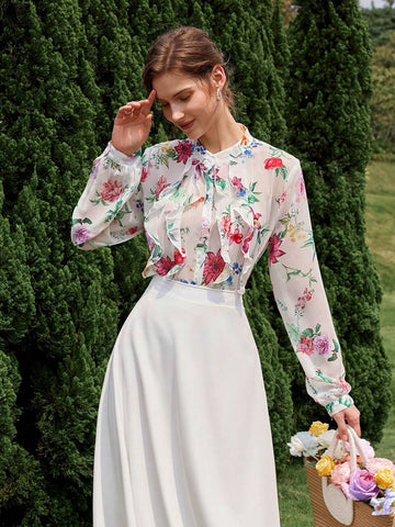 Privé Random Floral Printed Ruffle Hem Long Sleeve Casual Shirt