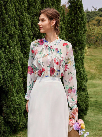 Privé Random Floral Printed Ruffle Hem Long Sleeve Casual Shirt