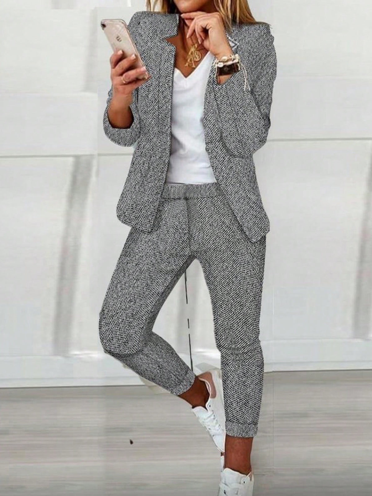Random Herringbone Pattern Long Sleeve Jacket And Pants 2pcs/set