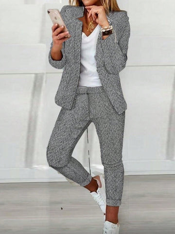 Random Herringbone Pattern Long Sleeve Jacket And Pants 2pcs/set
