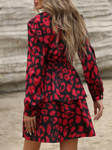 Random Leopard Print Deep Shirred Lantern Sleeve Short Bodycon Dress