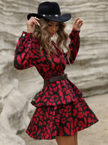 Random Leopard Print Deep Shirred Lantern Sleeve Short Bodycon Dress