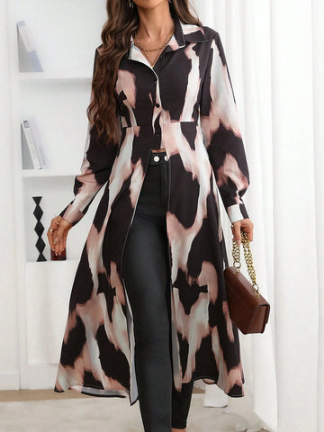 Privé Random Leopard Print Front Short Back Long Hem Button-Down Shirt, Long Sleeve