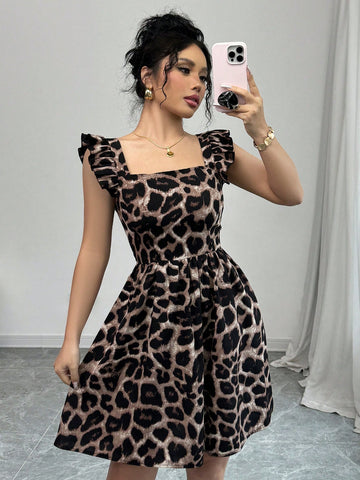 Random Leopard Print Lace-Up Backless Ruffle Hem Dress