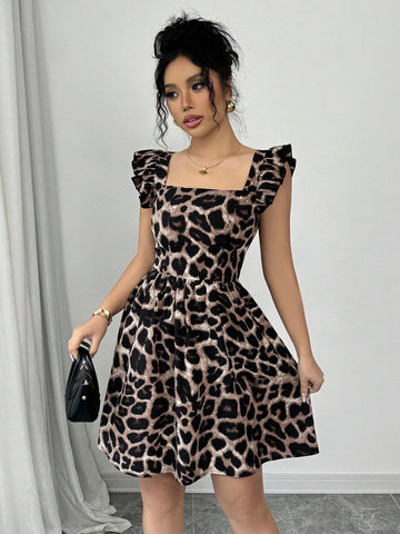 Random Leopard Print Lace-Up Backless Ruffle Hem Dress