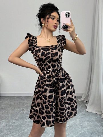 Random Leopard Print Lace-Up Backless Ruffle Hem Dress