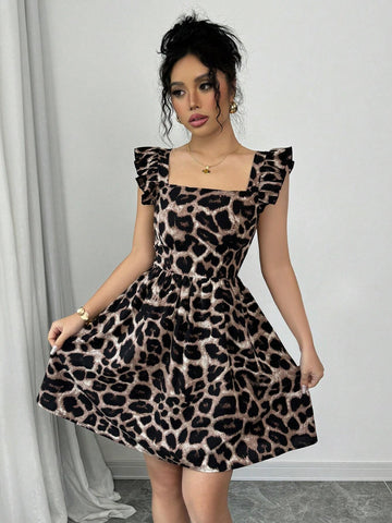 Random Leopard Print Lace-Up Backless Ruffle Hem Dress