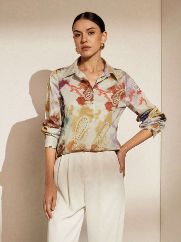Privé Random Printed Long Sleeve Single-Breasted Women's Shirt, Summer