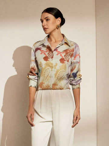 Privé Random Printed Long Sleeve Single-Breasted Women's Shirt, Summer