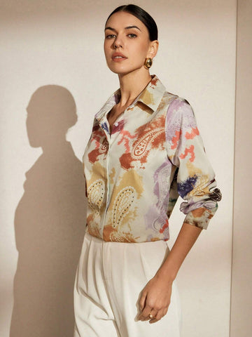 Privé Random Printed Long Sleeve Single-Breasted Women's Shirt, Summer