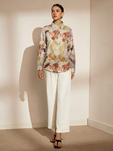 Privé Random Printed Long Sleeve Single-Breasted Women's Shirt, Summer
