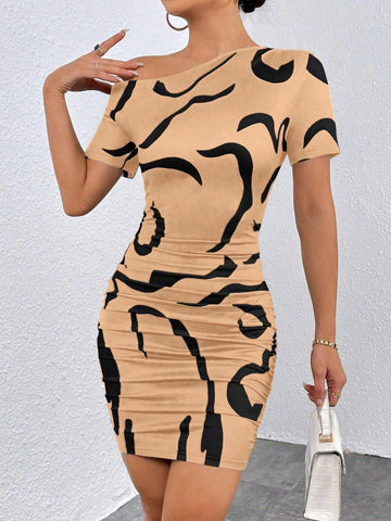 Random Printed Off-Shoulder Ruched Bodycon Dress