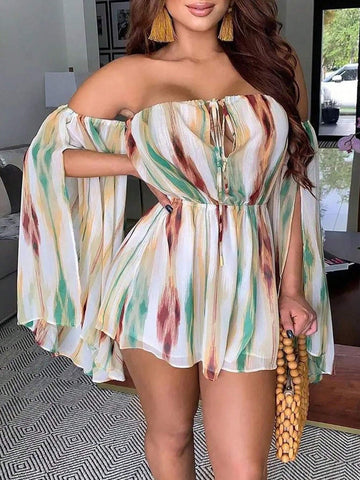 Random Printed One Shoulder Cape Sleeve Jumpsuit