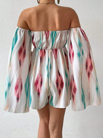 Random Printed One Shoulder Cape Sleeve Jumpsuit