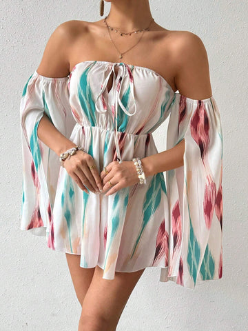 Random Printed One Shoulder Cape Sleeve Jumpsuit
