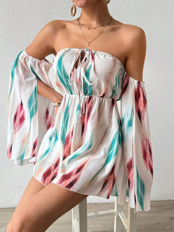 Random Printed One Shoulder Cape Sleeve Jumpsuit