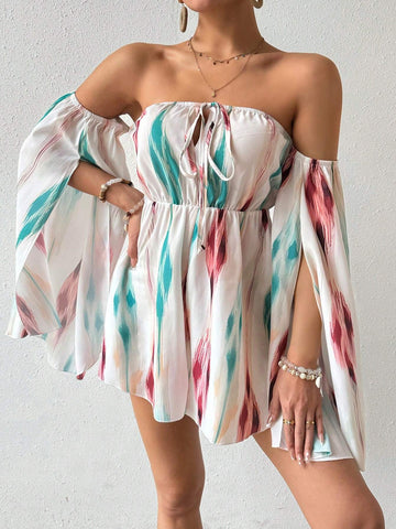 Random Printed One Shoulder Cape Sleeve Jumpsuit