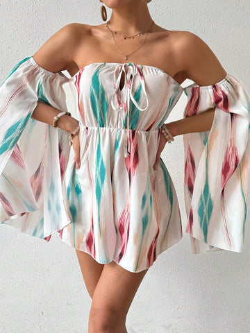 Random Printed One Shoulder Cape Sleeve Jumpsuit