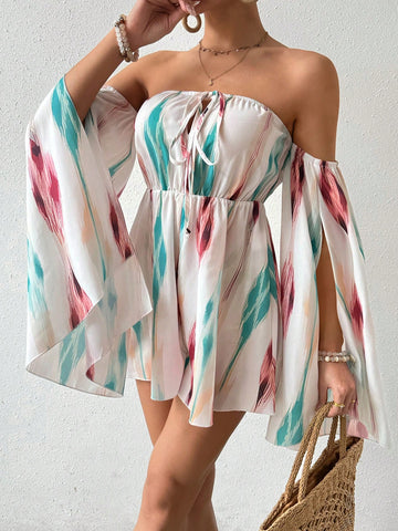 Random Printed One Shoulder Cape Sleeve Jumpsuit