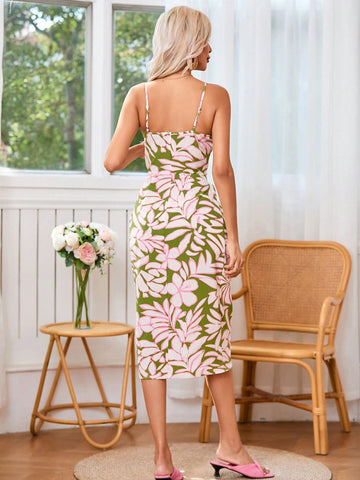 Random Printed Ruched High-Slit Cami Dress