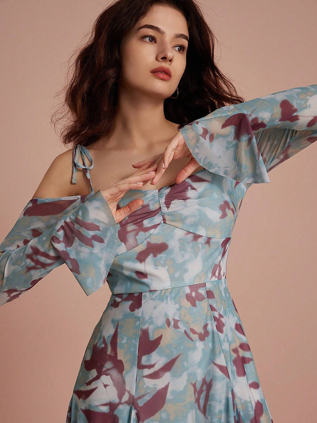 Random Printed Sexy Off Shoulder Long Sleeve Dress With Tie Design, European And American