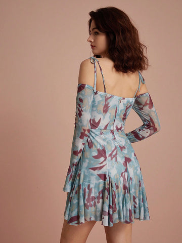 Random Printed Sexy Off Shoulder Long Sleeve Dress With Tie Design, European And American