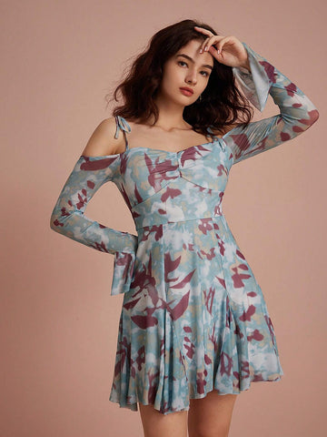 Random Printed Sexy Off Shoulder Long Sleeve Dress With Tie Design, European And American