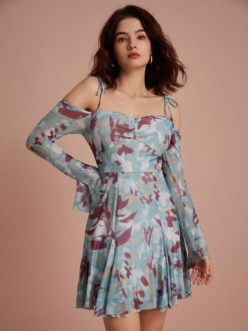 Random Printed Sexy Off Shoulder Long Sleeve Dress With Tie Design, European And American