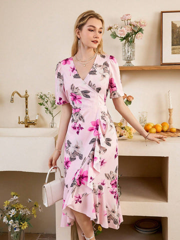 Random Printed Surplice Neck Short Sleeve Dress