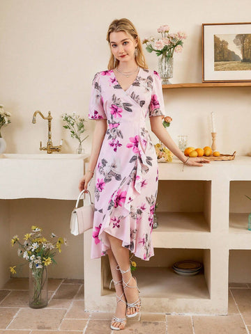 Random Printed Surplice Neck Short Sleeve Dress