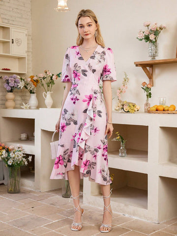 Random Printed Surplice Neck Short Sleeve Dress