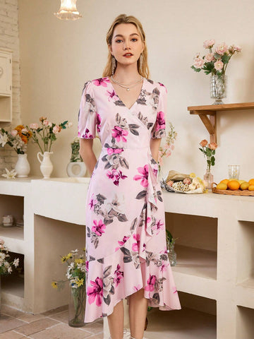 Random Printed Surplice Neck Short Sleeve Dress