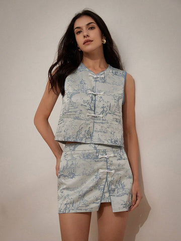 Random Texture Jacquard Print Chinese Style Vest With Side Slit Skirt Two-Piece Set