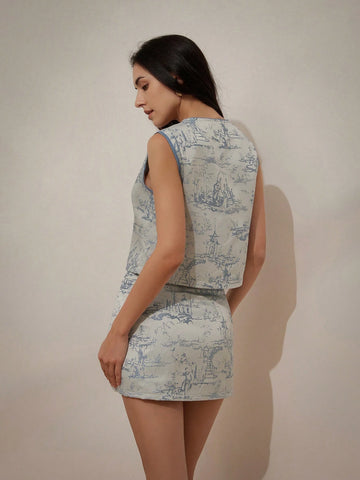 Random Texture Jacquard Print Chinese Style Vest With Side Slit Skirt Two-Piece Set