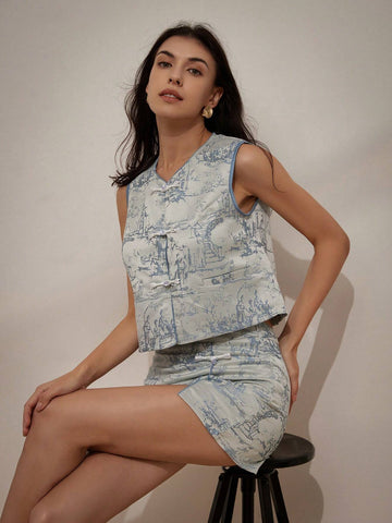 Random Texture Jacquard Print Chinese Style Vest With Side Slit Skirt Two-Piece Set
