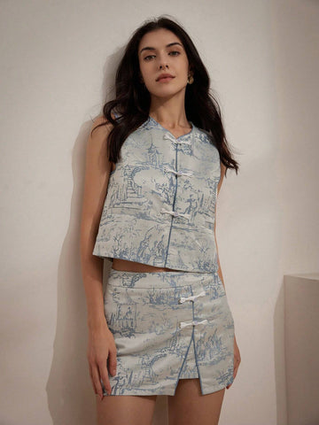 Random Texture Jacquard Print Chinese Style Vest With Side Slit Skirt Two-Piece Set