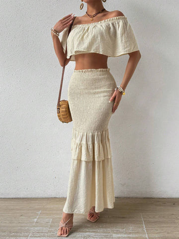 Resort Style Off Shoulder Short Top With Ruffled Hem And Mermaid Skirt Set