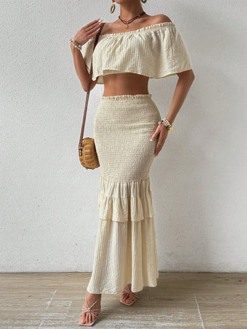 Resort Style Off Shoulder Short Top With Ruffled Hem And Mermaid Skirt Set