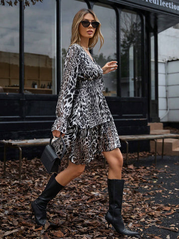 Retro Chic Sexy Leopard Print Shirred Ruffle Hem Long Sleeve Cinched Waist Flare Mini Dress