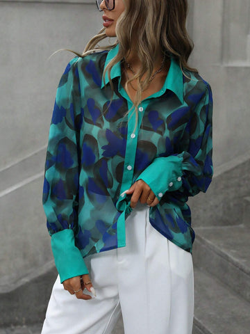 Privé Retro Color Block Chiffon Print Button Down Gigot Sleeve Blouse