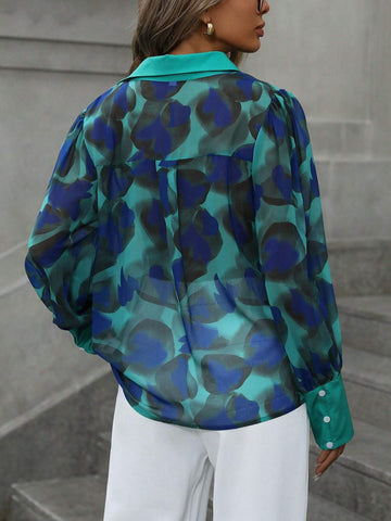 Privé Retro Color Block Chiffon Print Button Down Gigot Sleeve Blouse